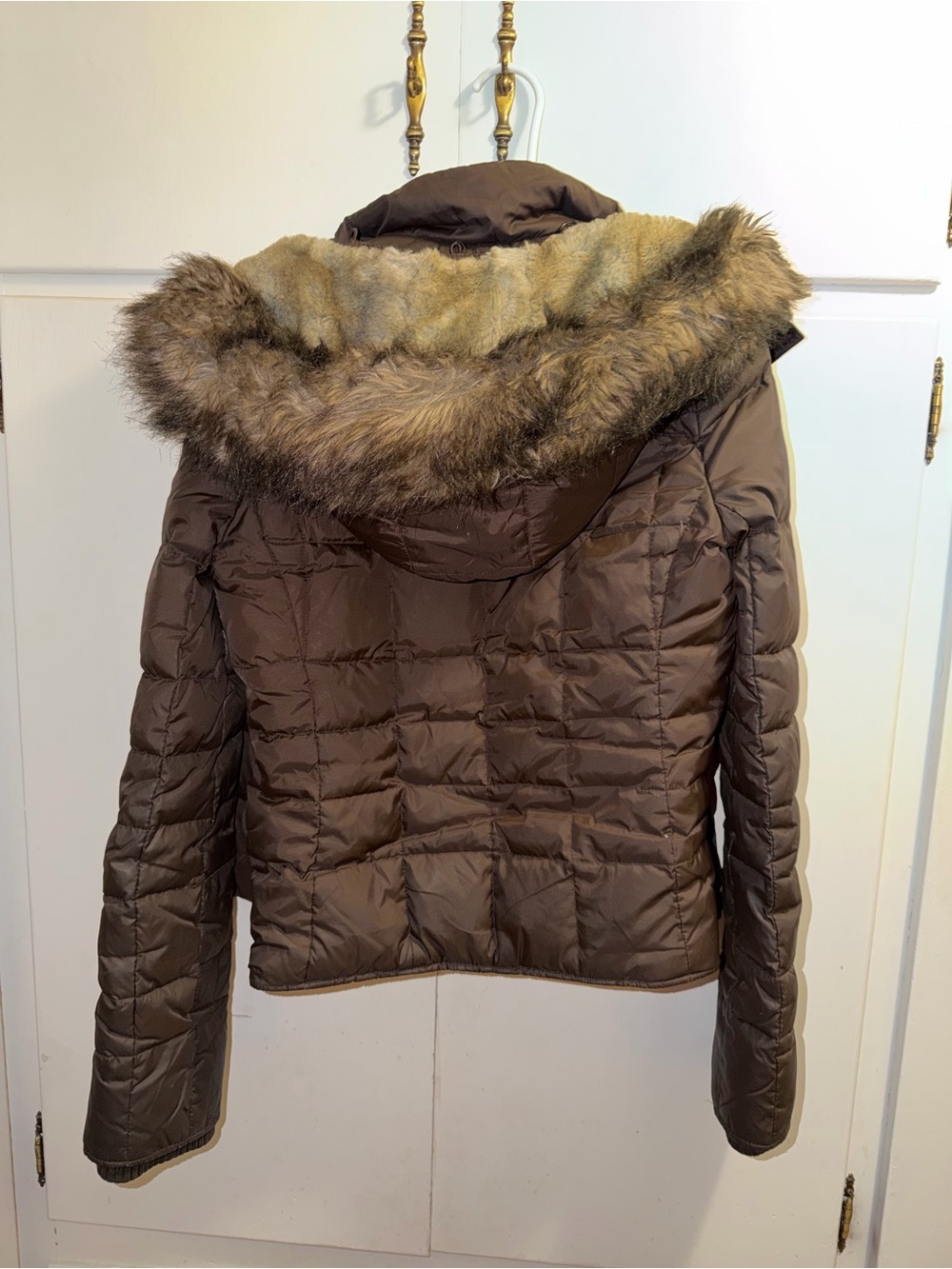 Abercrombie & Fitch Vintage Womens Brown Fur Hooded Down Puffer Jacket Y2K - Picture 14 of 15